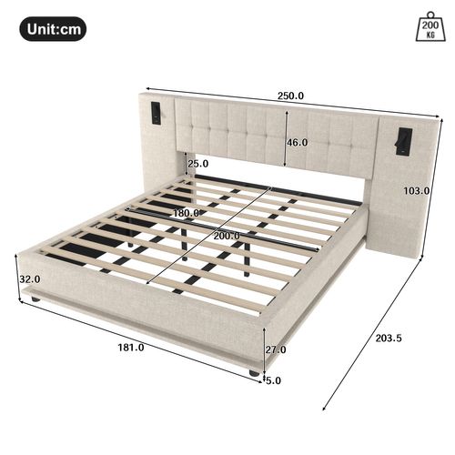 Lit 180 X 200 Cm Avec LED, USB Et Sommier Lin Beige