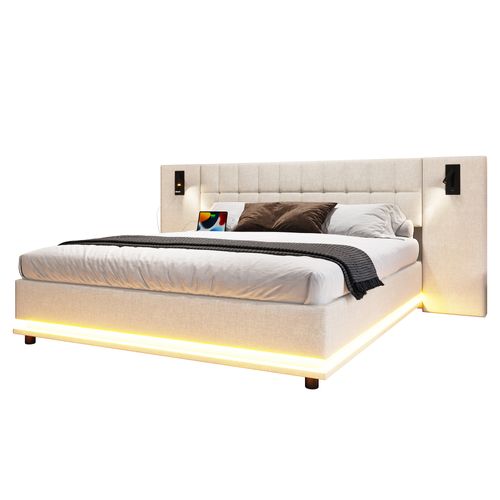 Lit 180 X 200 Cm Avec LED, USB Et Sommier Lin Beige