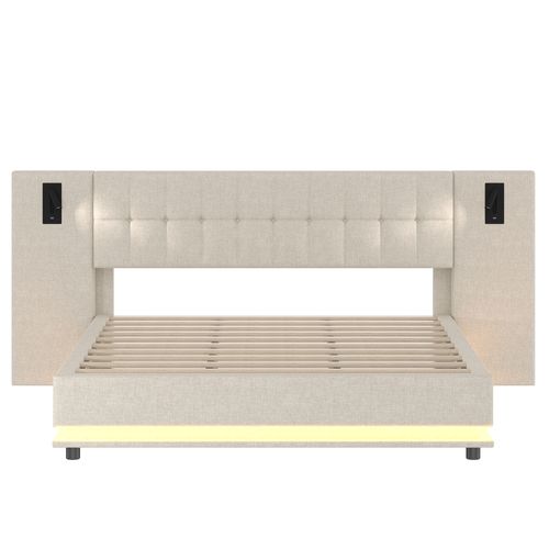 Lit 180 X 200 Cm Avec LED, USB Et Sommier Lin Beige