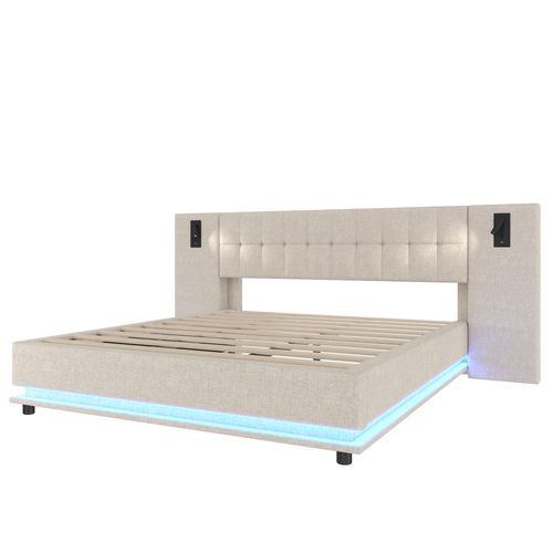 Lit 180 X 200 Cm Avec LED, USB Et Sommier Lin Beige