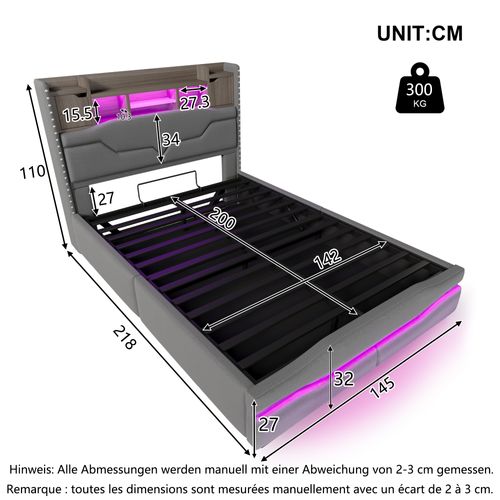 Lit Coffre 140x200cm Avec LED, USB Et Sommier Lin Gris