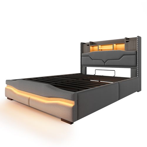 Lit Coffre 140x200cm Avec LED, USB Et Sommier Lin Gris