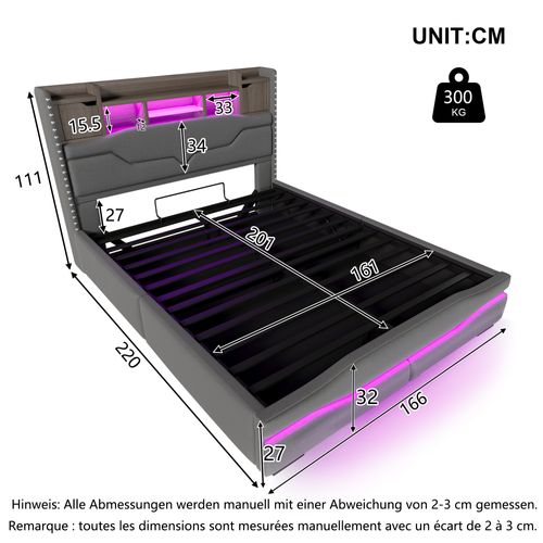 Lit Coffre 160x200cm Avec LED, USB Et Sommier Lin Gris