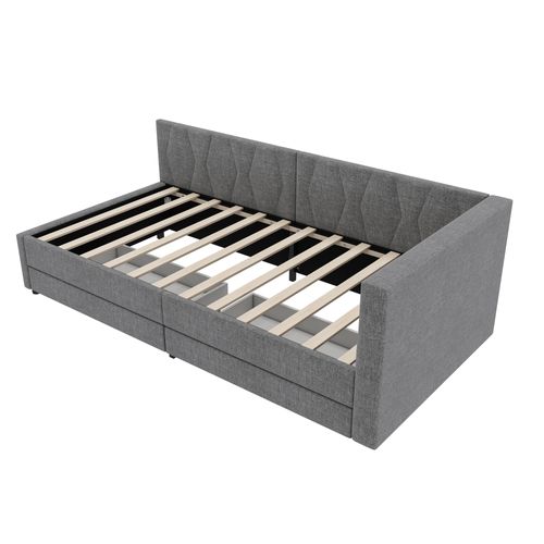 Lit 90 X 200 Cm Avec LED, USB Et 2 Tiroirs Lin Gris