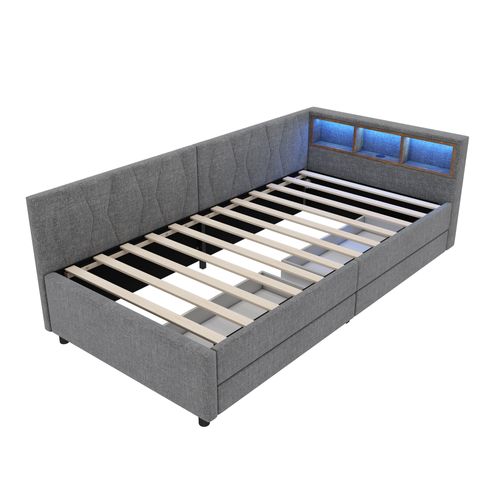 Lit 90 X 200 Cm Avec LED, USB Et 2 Tiroirs Lin Gris