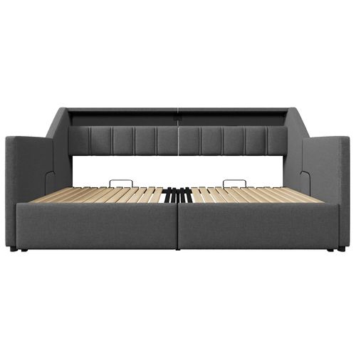 Lit Gigogne 90/180 X 200cm Avec LED, USB Et 2 Tiroirs Lin Gris