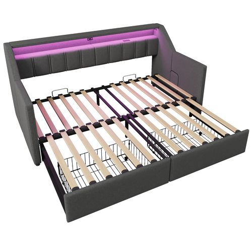 Lit Gigogne 90/180 X 200cm Avec LED, USB Et 2 Tiroirs Lin Gris