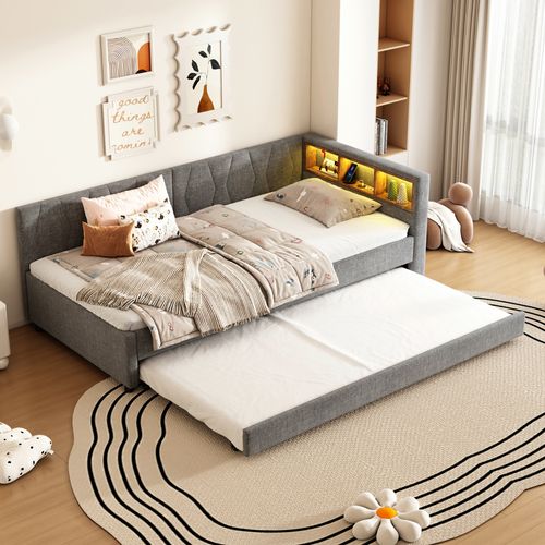 Lit Gigogne 90 X 200cm Avec LED Et USB Lin Gris