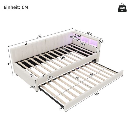 Lit Gigogne 90 X 200cm Avec LED Et USB Lin Beige