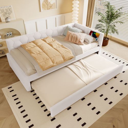 Lit Gigogne 90 X 200cm Avec USB Velours Blanc