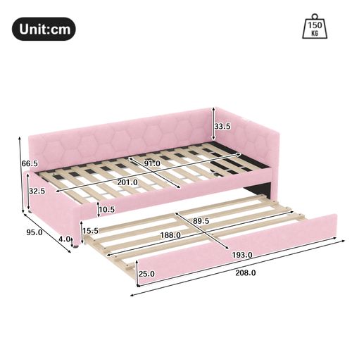 Lit Gigogne 90 X 200cm Avec USB Velours Rose