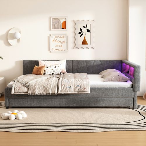 Lit Gigogne 140 X 200cm Avec LED Et USB Lin Gris