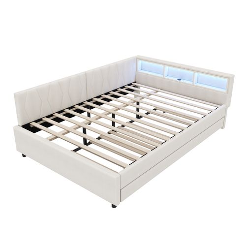 Lit Gigogne 140 X 200cm Avec LED Et USB Lin Beige