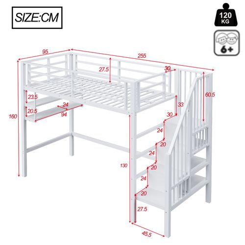 Lit Mezzanine 90 X 200cm Avec Escalier Et Étagères De Rangement Multicouches Blanc