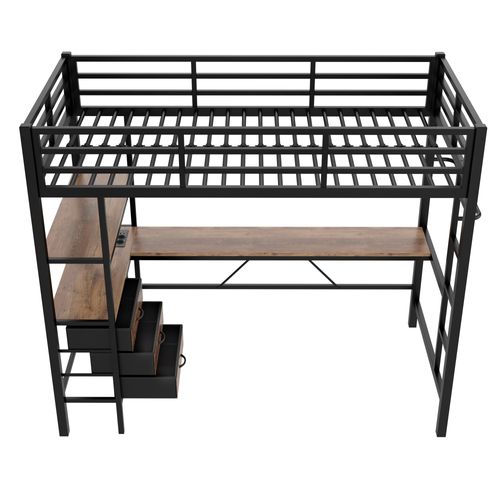 Lit Mezzanine 90 X 200cm Avec LED, USB, Bureau, Étagères Et 3 Tiroirs Noir