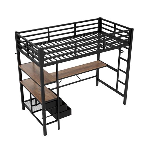 Lit Mezzanine 90 X 200cm Avec LED, USB, Bureau, Étagères Et 3 Tiroirs Noir