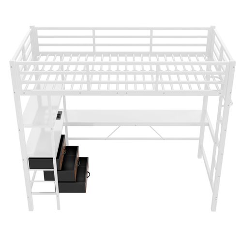 Lit Mezzanine 90 X 200cm Avec LED, USB, Bureau, Étagères Et 3 Tiroirs Blanc