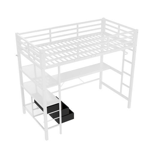 Lit Mezzanine 90 X 200cm Avec LED, USB, Bureau, Étagères Et 3 Tiroirs Blanc
