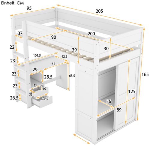 Lit Mezzanine 90 X 200cm Avec Bureau, Armoire Et 2 Tiroirs Blanc