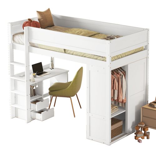 Lit Mezzanine 90 X 200cm Avec Bureau, Armoire Et 2 Tiroirs Blanc