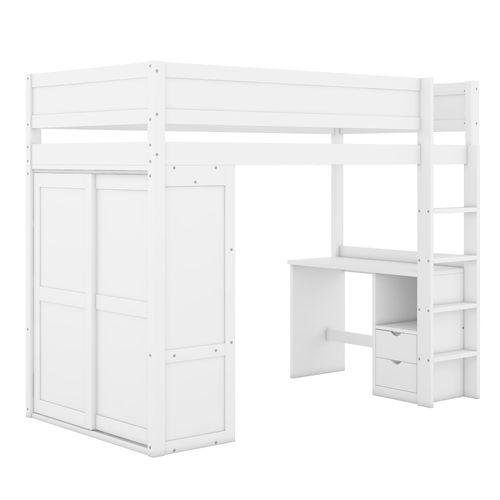 Lit Mezzanine 90 X 200cm Avec Bureau, Armoire Et 2 Tiroirs Blanc