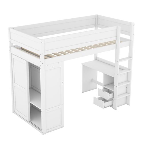 Lit Mezzanine 90 X 200cm Avec Bureau, Armoire Et 2 Tiroirs Blanc