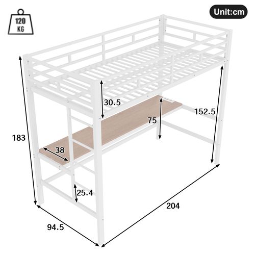 Lit Mezzanine 90 X 200cm Avec LED, USB Et Bureau Blanc