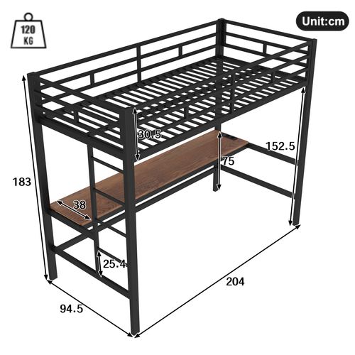 Lit Mezzanine 90 X 200cm Avec LED, USB Et Bureau Noir