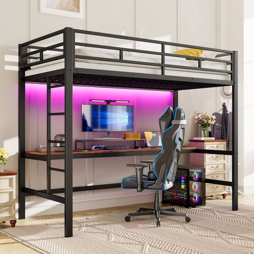 Lit Mezzanine 90 X 200cm Avec LED, USB Et Bureau Noir