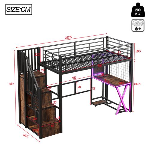 Lit Mezzanine 90 X 200cm Avec LED, Bureau, Escalier De Rangement Et Penderie Style Industriel
