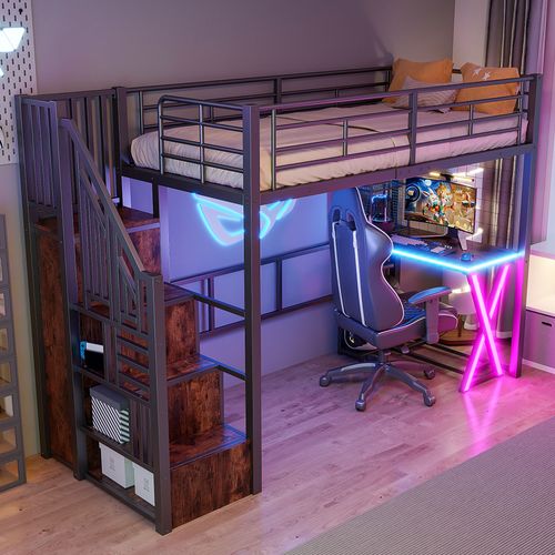 Lit Mezzanine 90 X 200cm Avec LED, Bureau, Escalier De Rangement Et Penderie Style Industriel