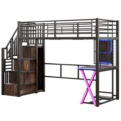 Lit Mezzanine 90 X 200cm Avec LED, Bureau, Escalier De Rangement Et Penderie Style Industriel