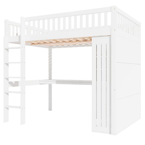 Lit Mezzanine 140 X 200cm Avec Bureau, 3 Tiroirs, 3 Étagères Et Penderie Blanc