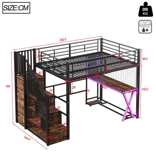 Lit Mezzanine 140 X 200cm Avec LED, Bureau, Escalier De Rangement Et Penderie Style Industriel