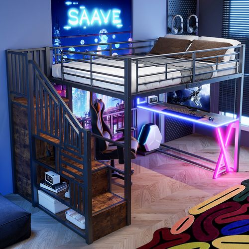 Lit Mezzanine 140 X 200cm Avec LED, Bureau, Escalier De Rangement Et Penderie Style Industriel