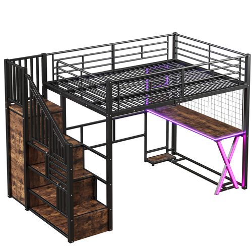 Lit Mezzanine 140 X 200cm Avec LED, Bureau, Escalier De Rangement Et Penderie Style Industriel