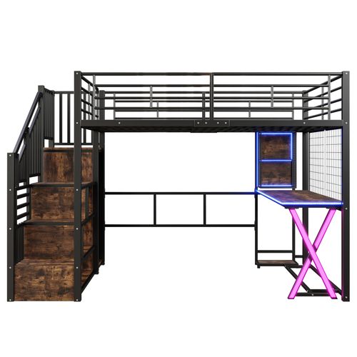 Lit Mezzanine 140 X 200cm Avec LED, Bureau, Escalier De Rangement Et Penderie Style Industriel