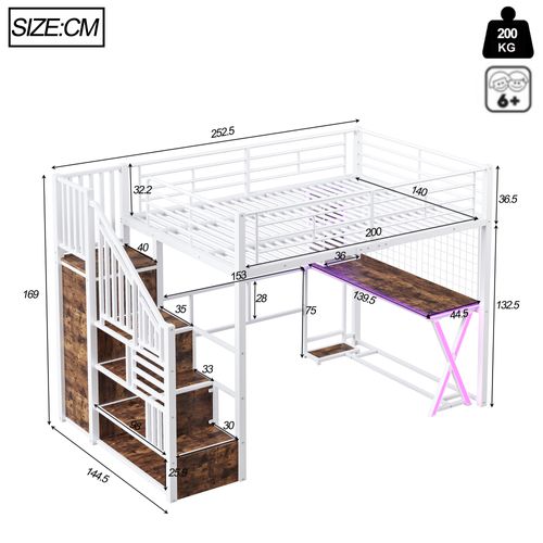 Lit Mezzanine 140 X 200cm Avec LED, Bureau, Escalier De Rangement Et Penderie Blanc