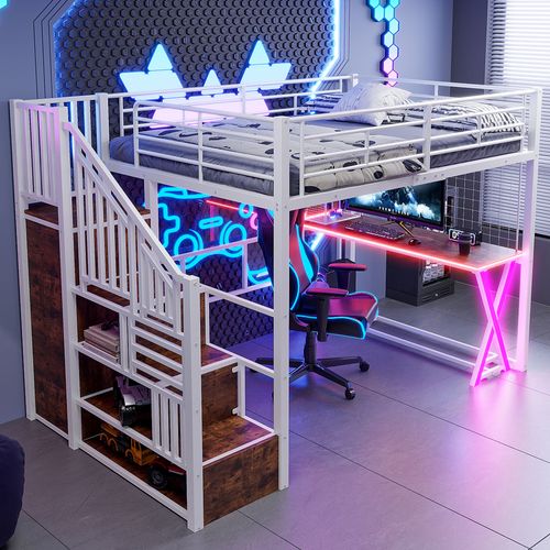 Lit Mezzanine 140 X 200cm Avec LED, Bureau, Escalier De Rangement Et Penderie Blanc