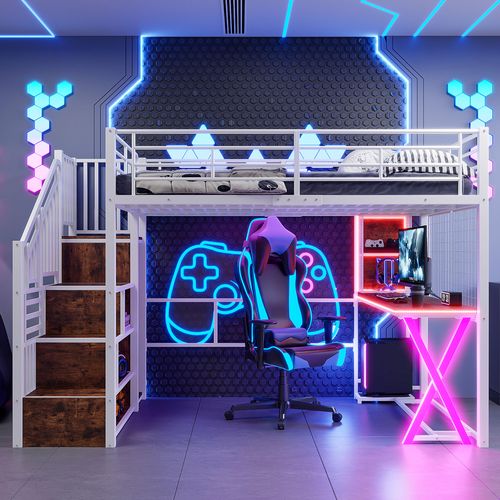 Lit Mezzanine 140 X 200cm Avec LED, Bureau, Escalier De Rangement Et Penderie Blanc