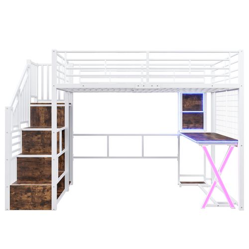 Lit Mezzanine 140 X 200cm Avec LED, Bureau, Escalier De Rangement Et Penderie Blanc