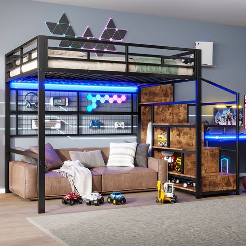 Lit Mezzanine 140 X 200cm Avec LED, Escalier De Rangement Et Grille Suspendue Noir