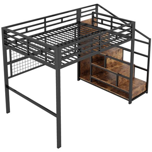 Lit Mezzanine 140 X 200cm Avec LED, Escalier De Rangement Et Grille Suspendue Noir