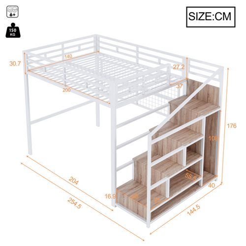Lit Mezzanine 140 X 200cm Avec LED, Escalier De Rangement Et Grille Suspendue Blanc