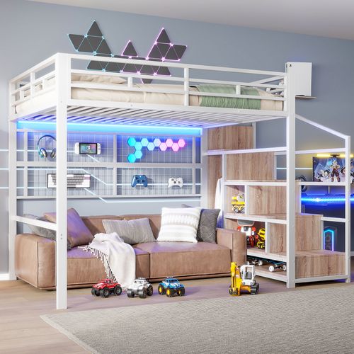 Lit Mezzanine 140 X 200cm Avec LED, Escalier De Rangement Et Grille Suspendue Blanc
