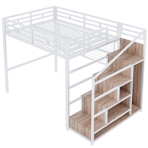 Lit Mezzanine 140 X 200cm Avec LED, Escalier De Rangement Et Grille Suspendue Blanc
