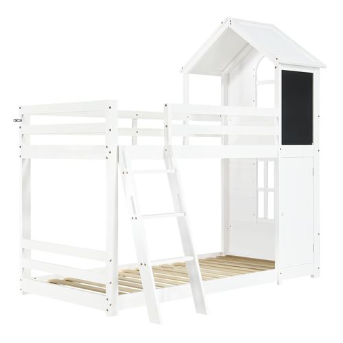 Lit Superposé Cabane 2 X 90 X 200cm Blanc Avec 1 Tableau Noir