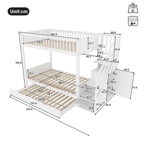 Lit Superposé 2 X 90 X 200cm Avec Avec Escalier De Rangement, Étagères Et Lit Gigogne Blanc