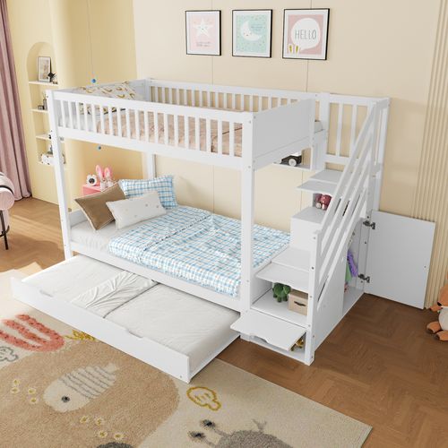 Lit Superposé 2 X 90 X 200cm Avec Avec Escalier De Rangement, Étagères Et Lit Gigogne Blanc