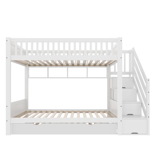 Lit Superposé 2 X 90 X 200cm Avec Avec Escalier De Rangement, Étagères Et Lit Gigogne Blanc